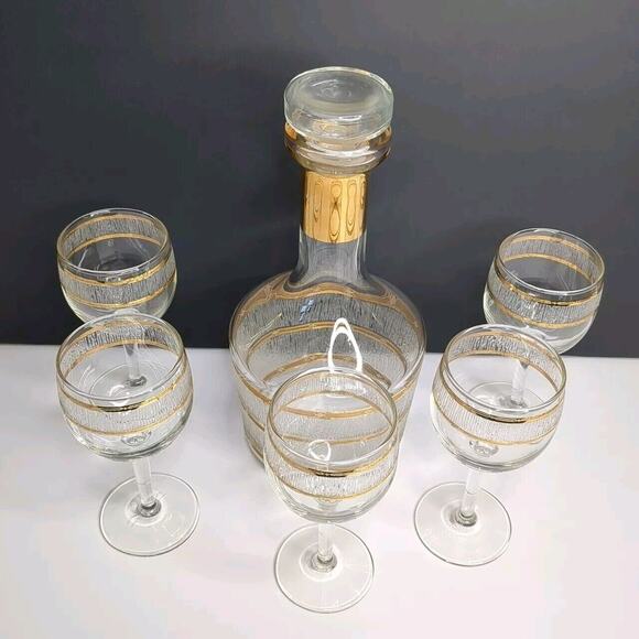 Mid Century 22K Gold CULVER VALENCIA Glass Decanter 5 Stem Wine Glasses - Picture 1 of 16